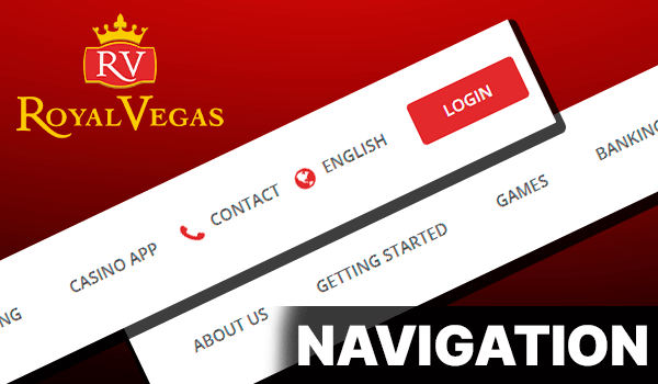 RoyalVegas Casino's Website Navigation Menu