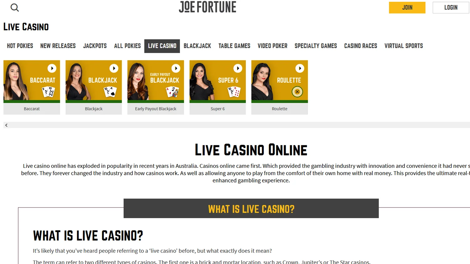 Image Showcase of the Live Casino at Joe Fortune