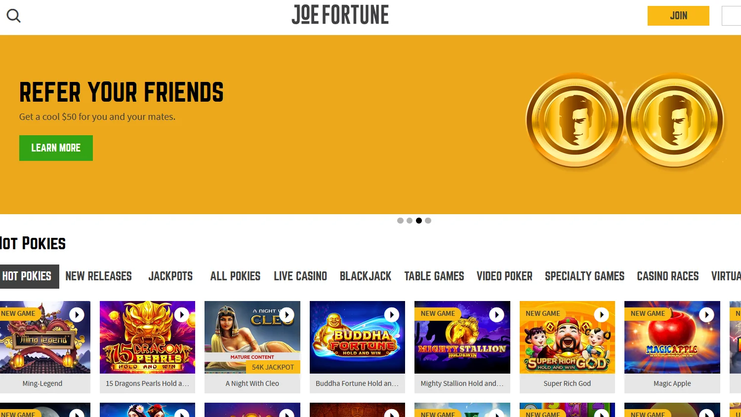 A Capture of the Joe Fortune Casino Homepage