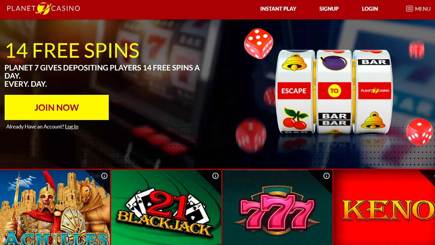 Main page snapshot of Planet 7 Oz Casino