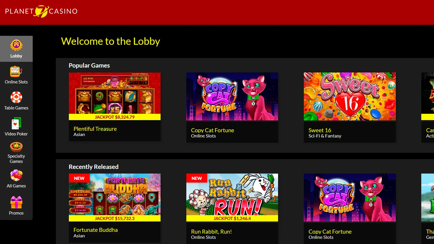 Showcase of the real-money game lobby at Planet 7 Oz