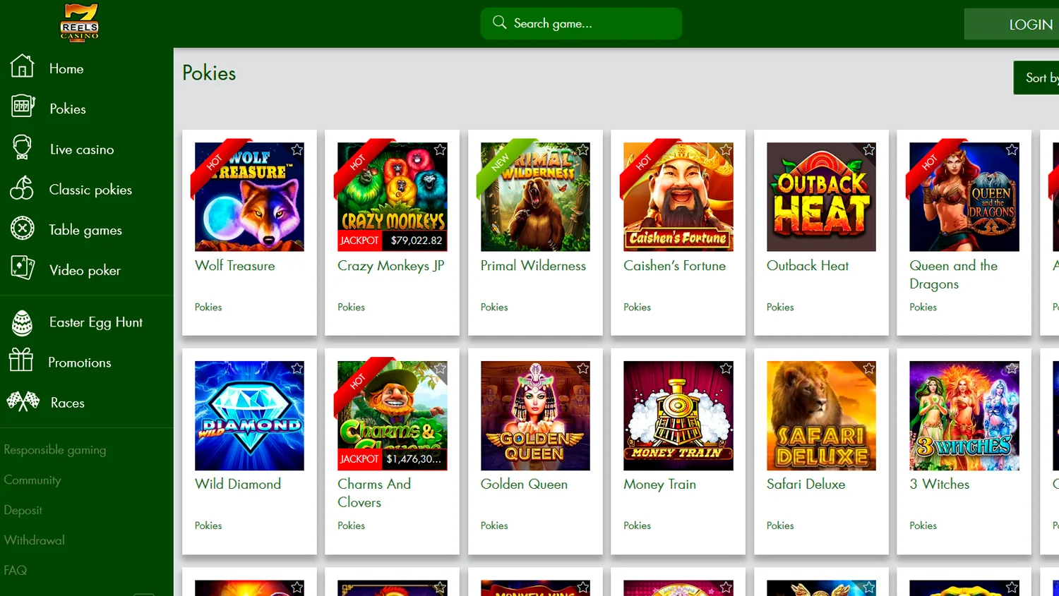 Capture from the Real Money Pokies Section at 7Reels Casino