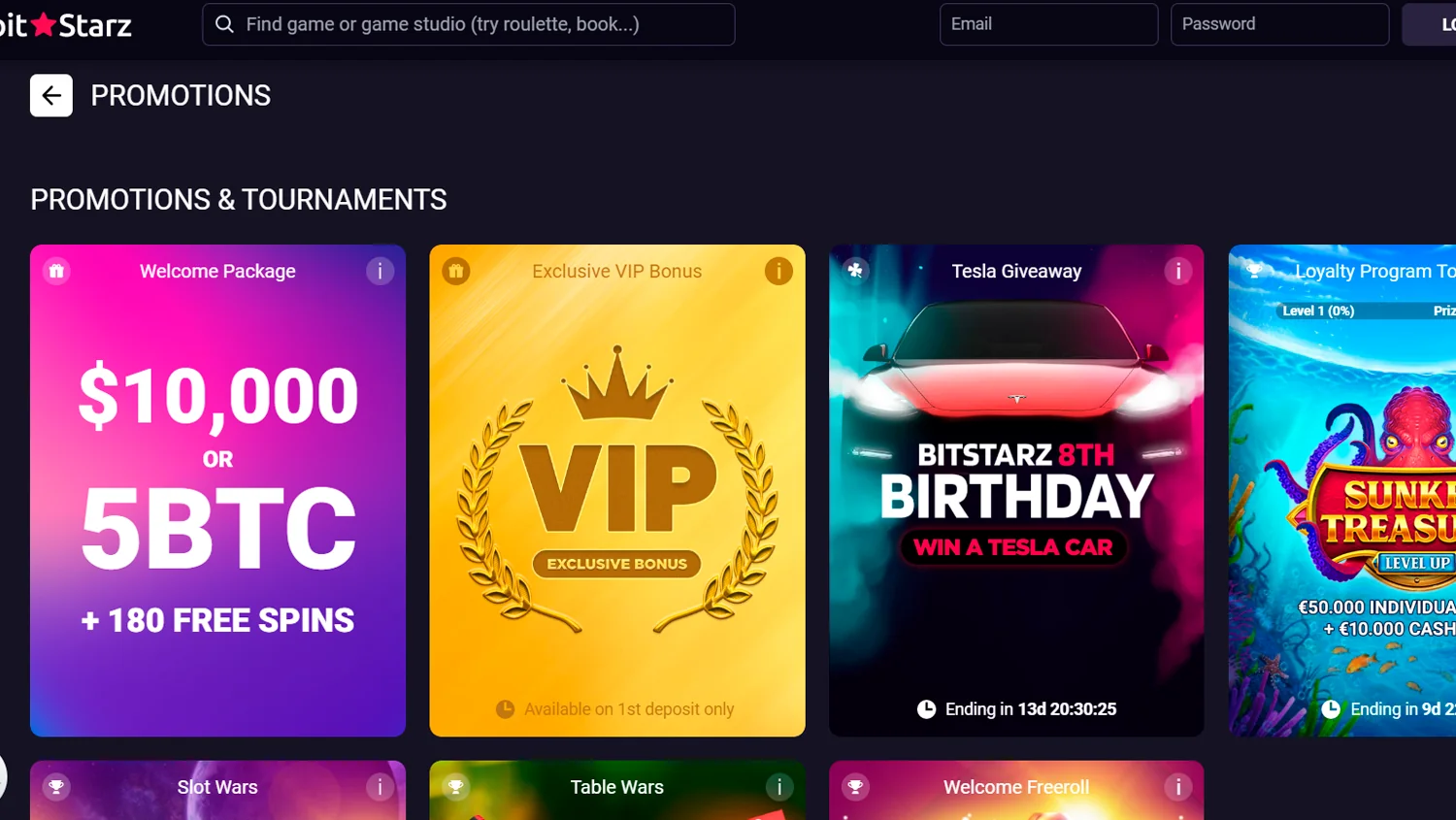 Take a look at the promotions page on BitStarz and their sleek logo.