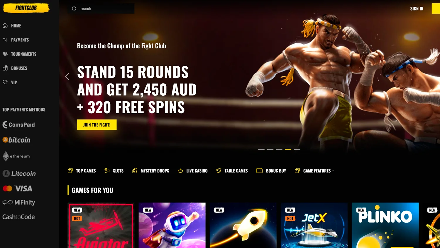 Explore the Real Money Gaming Selections on the Fight Club Casino website.