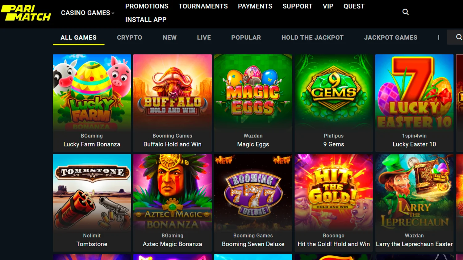 Explore the wide array of real cash games categories at Parimatch casino site, alongside their iconic logo.