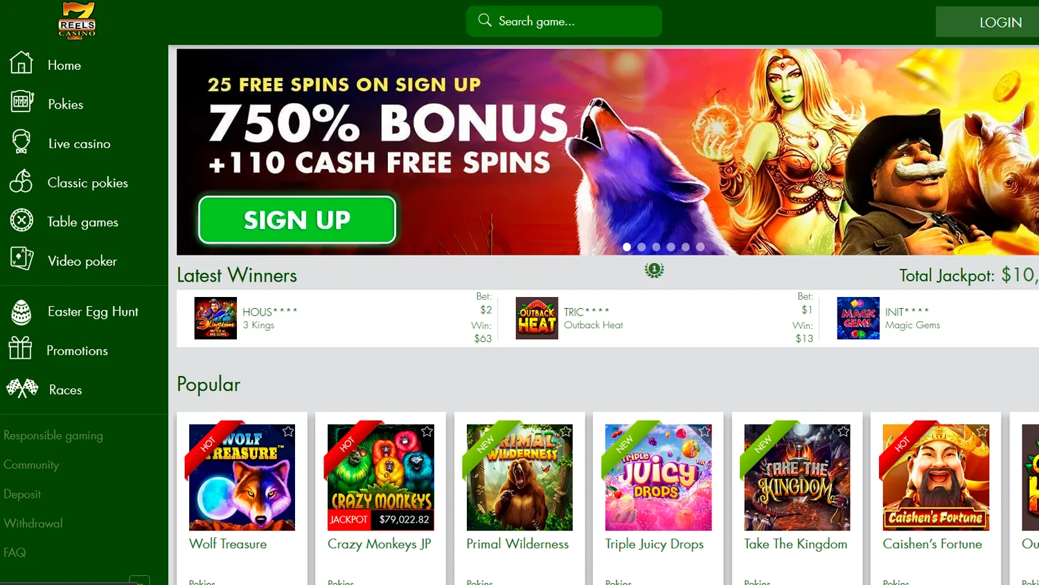 Capture of the 7Reels Casino Homepage