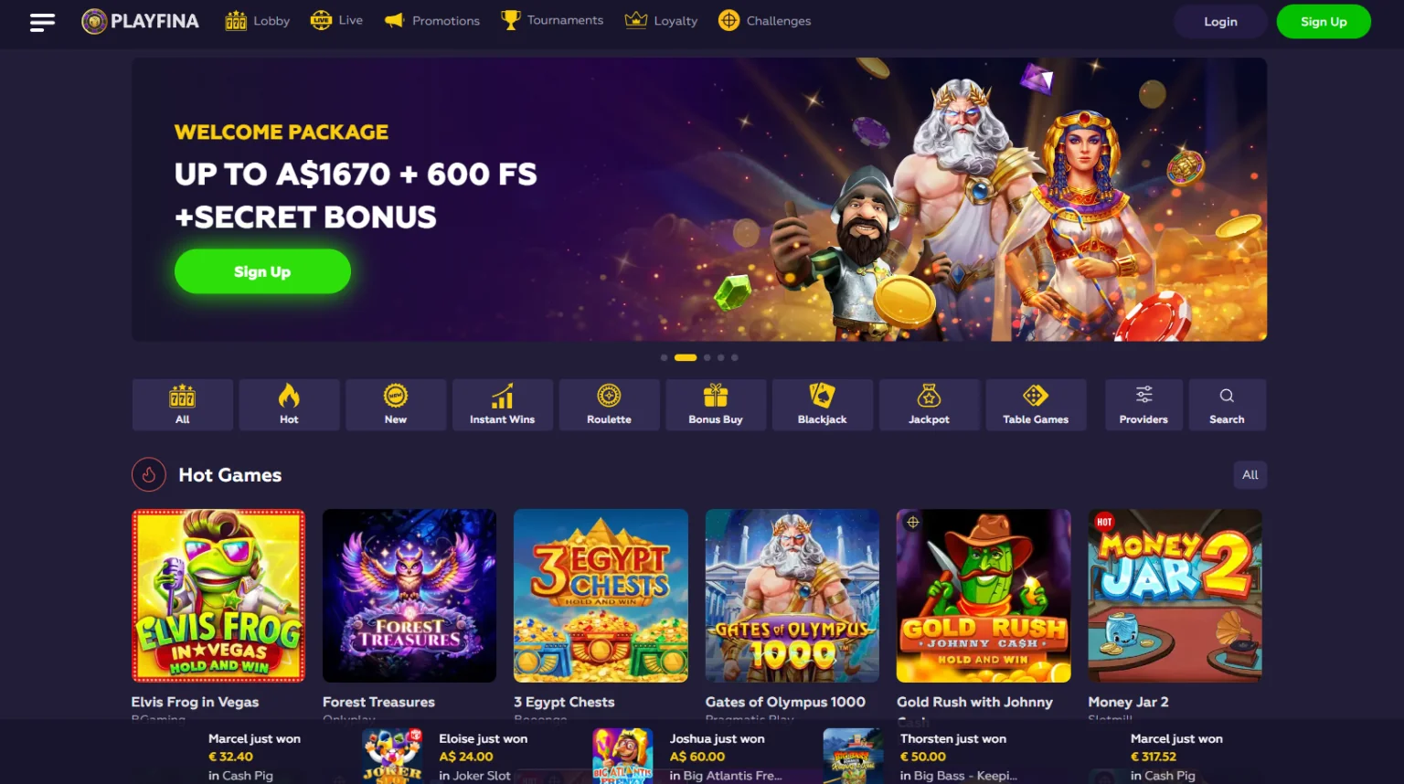 Screenshot of Playfina Casino Main Page