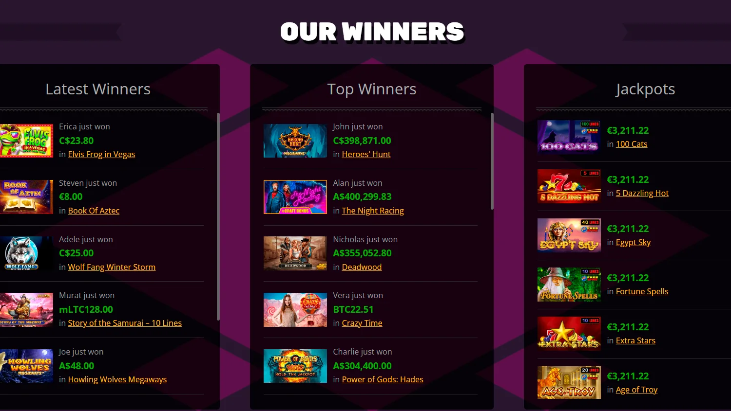 Snapshot of the winners page at PlayAmo