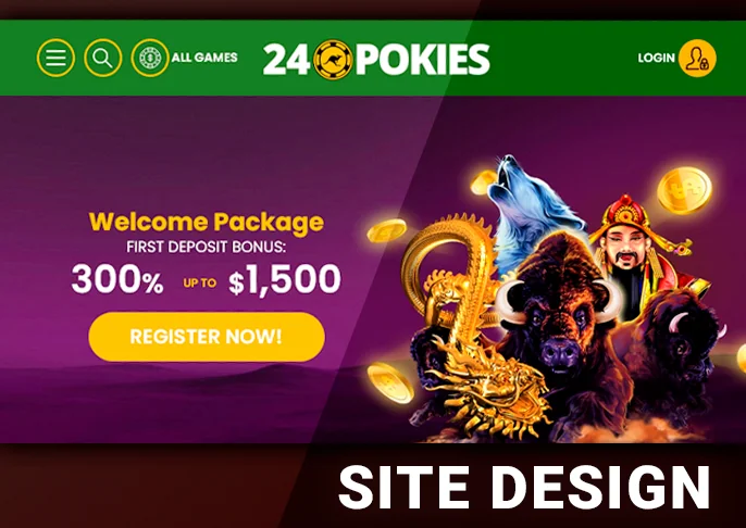 The top menu bar and the registration banner on 24 Pokies Casino's homepage