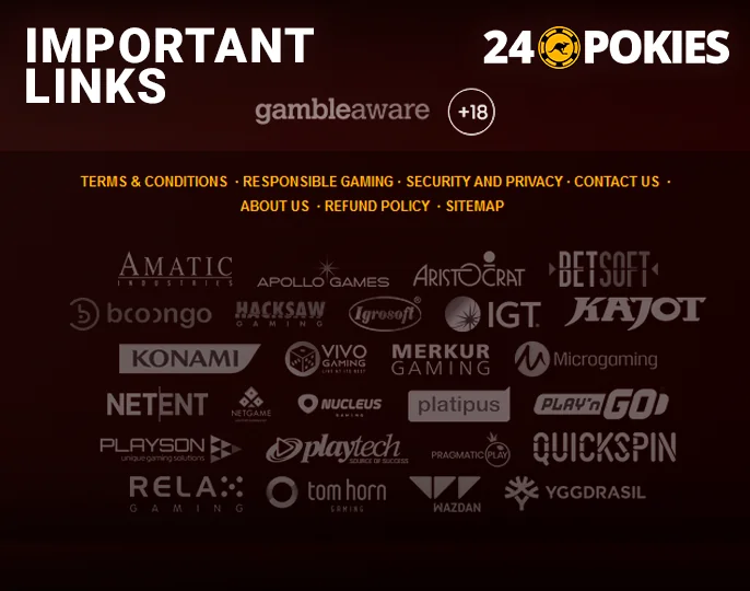 Vital links and software provider logos at the bottom of the 24 Pokies Casino website