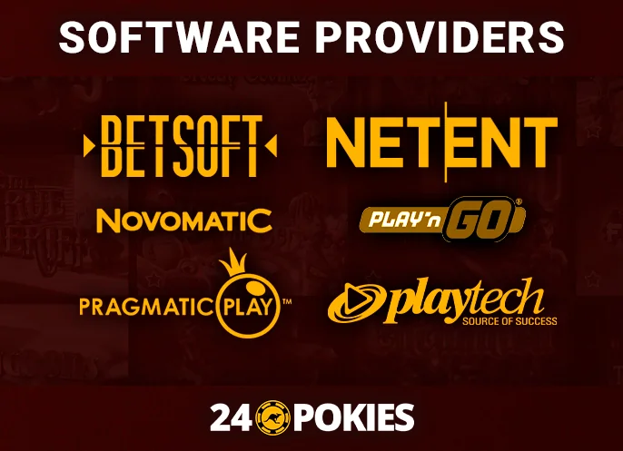 Brand logos of software vendors collaborating with 24 Pokies Casino.