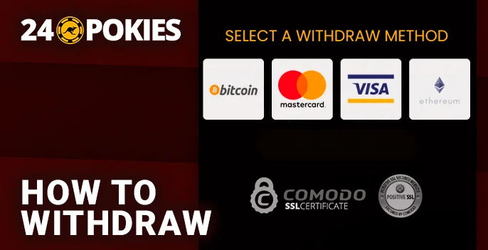Steps to choose your payment method for withdrawing funds from 24 Pokies Casino.