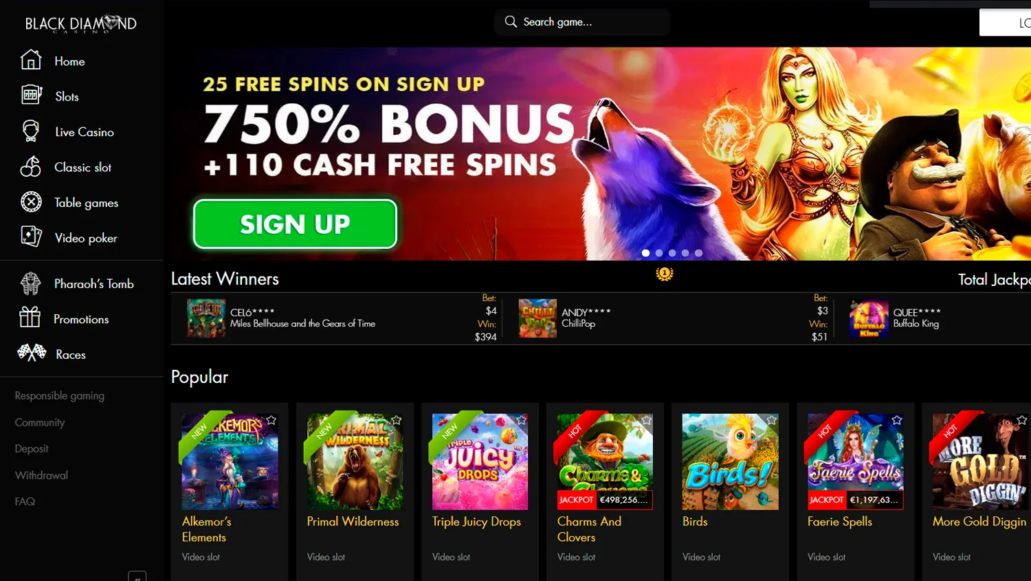 Screenshot of Black Diamond Casino's home section