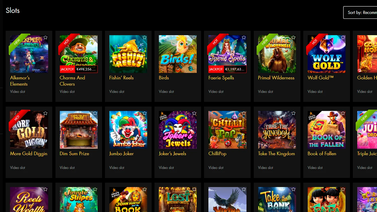 Snapshot of Black Diamond Casino's real-money slots category