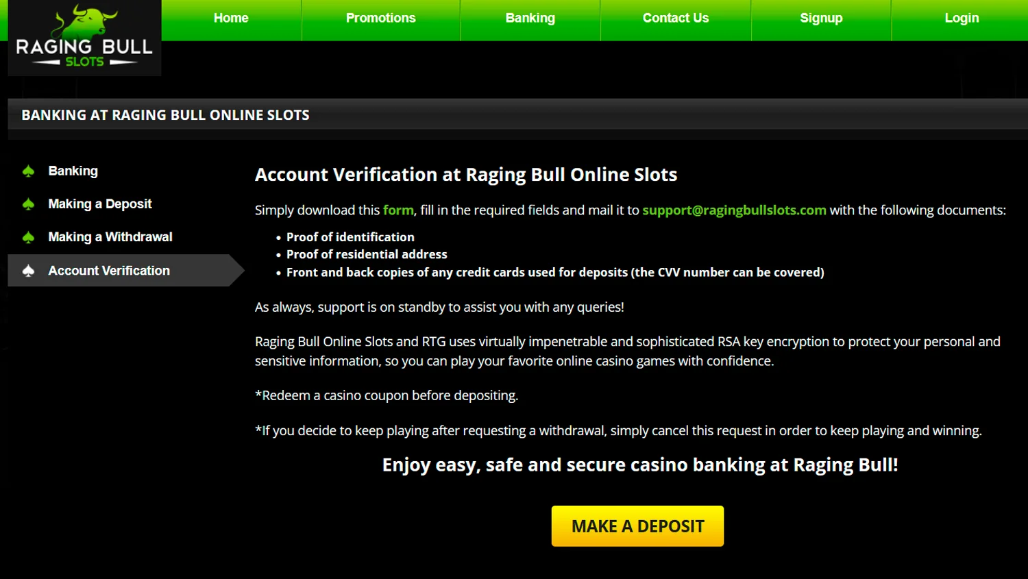 Instructions for verifying your Raging Bull Casino account.