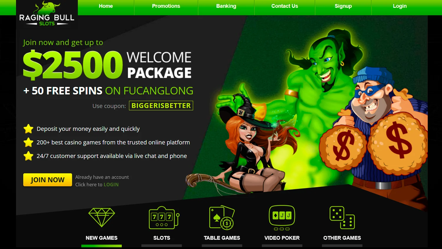 Raging Bull Casino’s main page presents bonus offers and a variety of game categories.