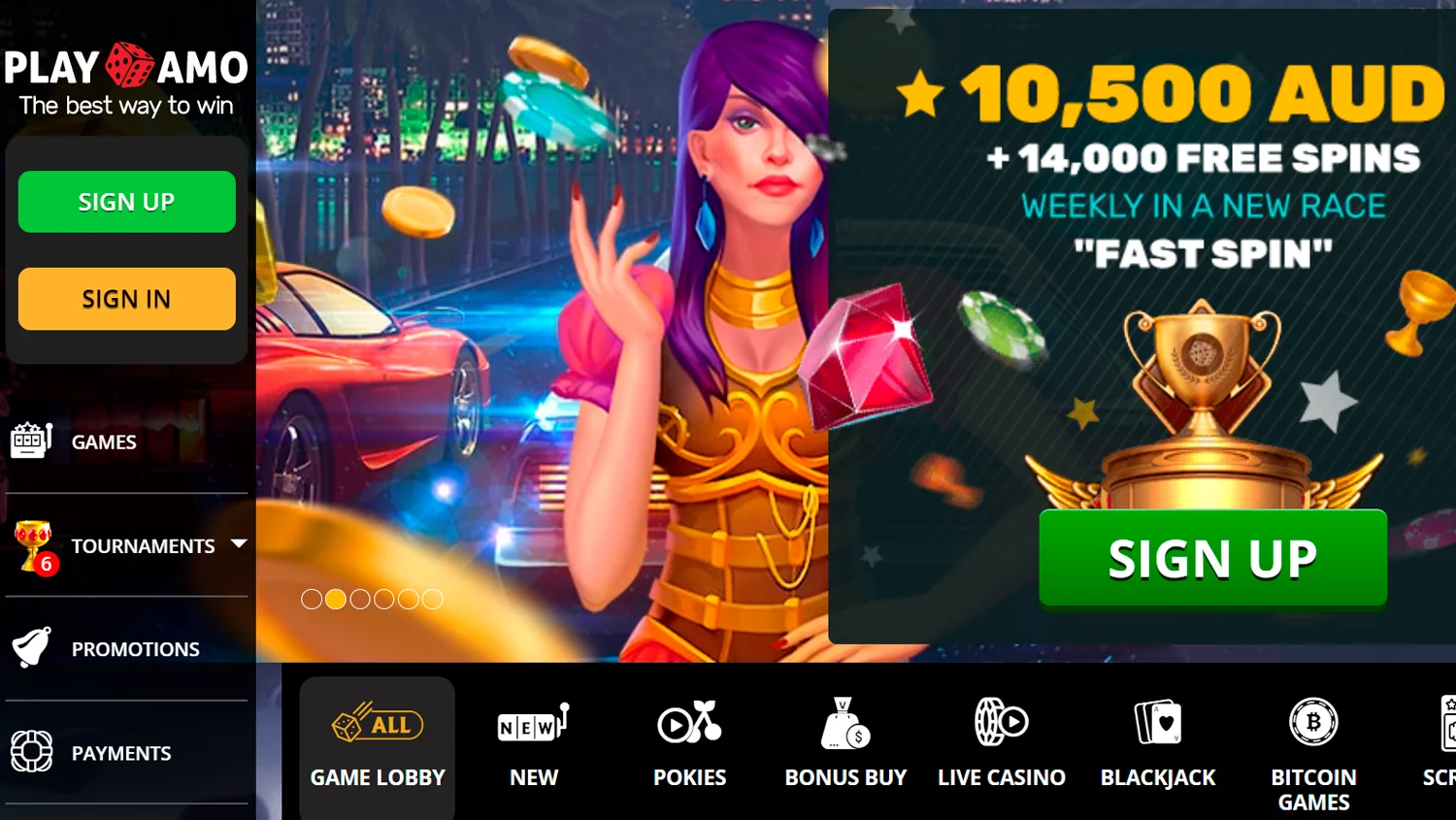 Homepage snapshot from the PlayAmo casino website