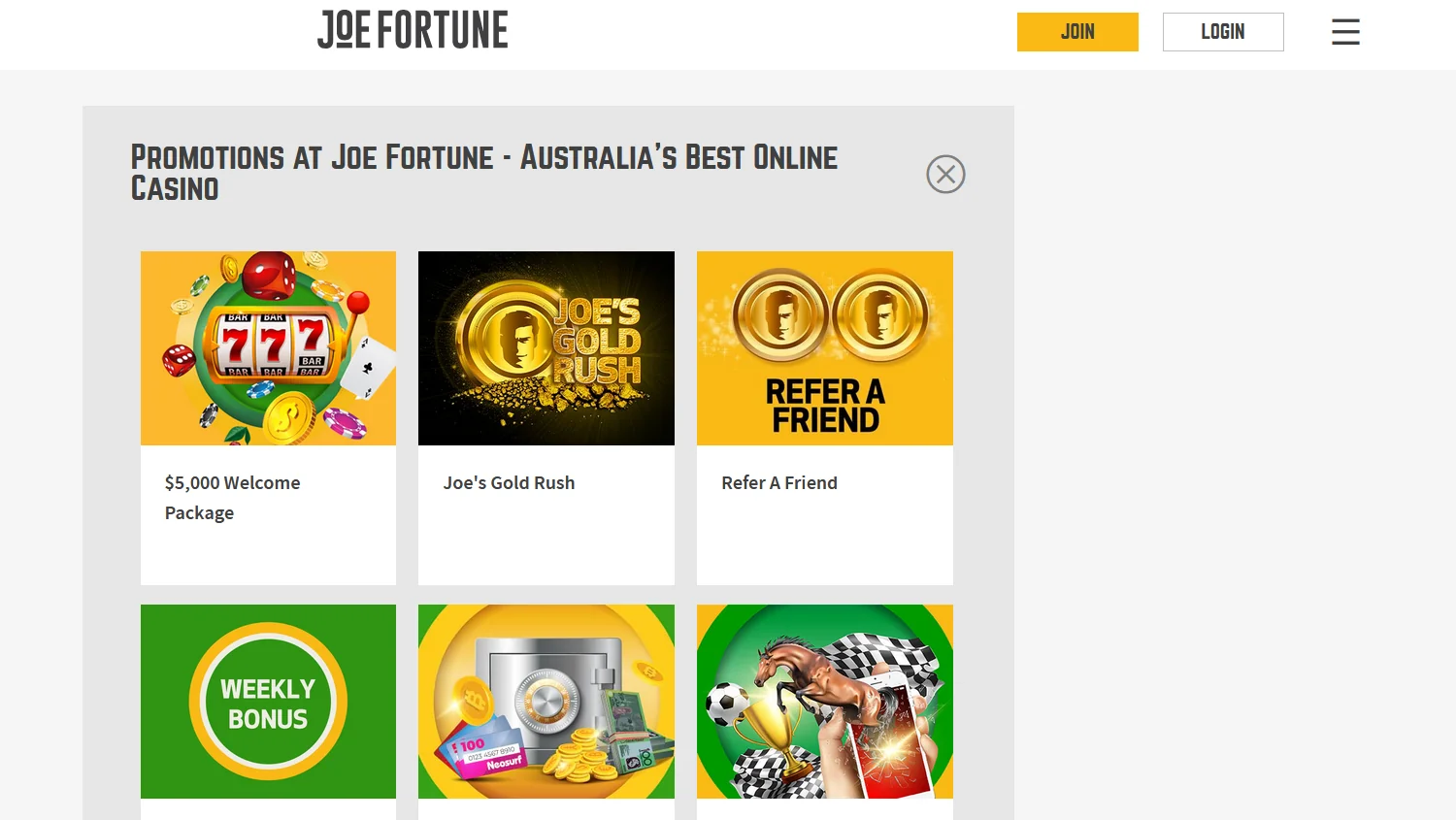 Visual Glimpse of the Bonuses Offered by Joe Fortune Casino