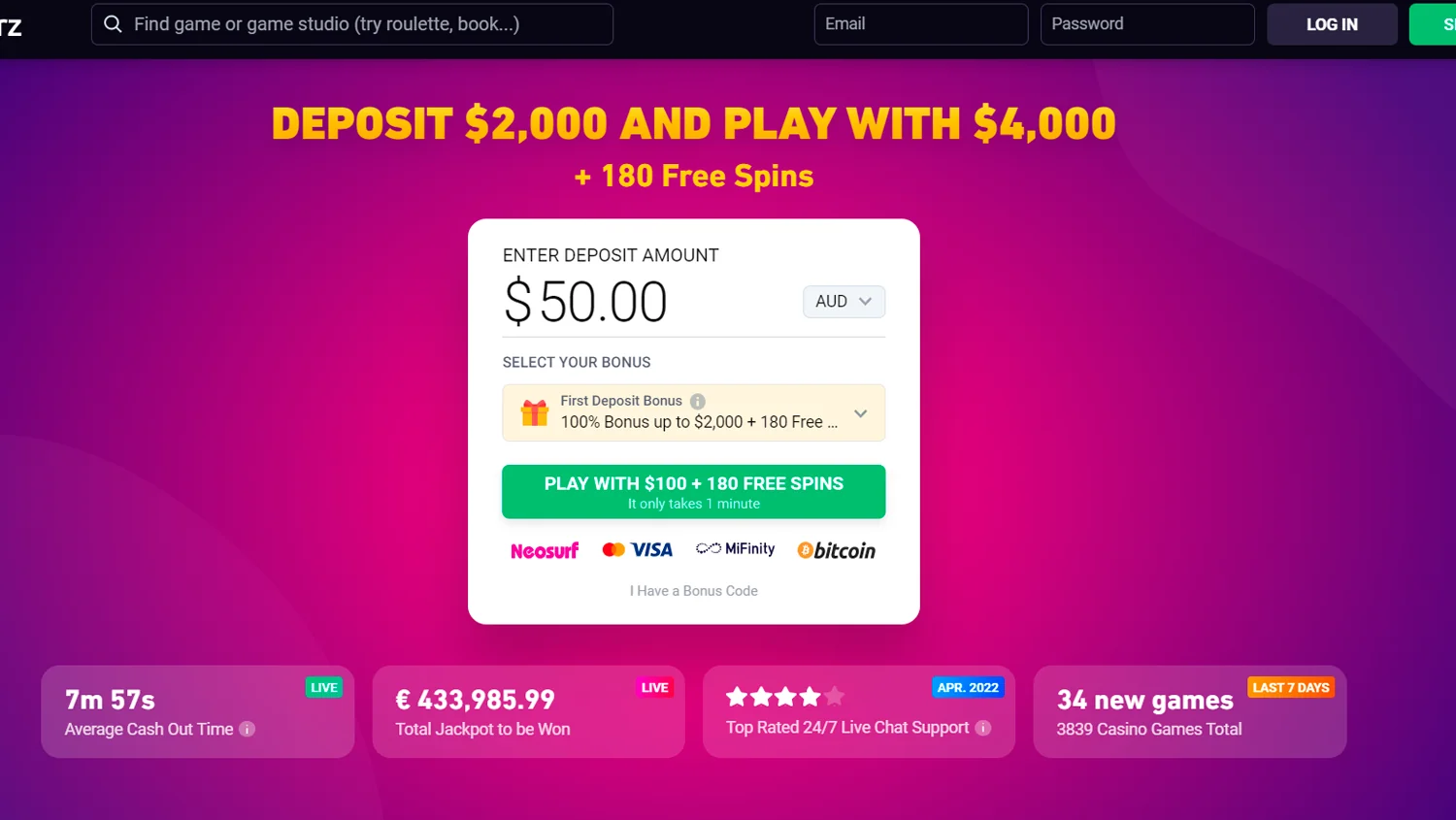 Check out BitStarz Casino's main page along with their distinctive logo.