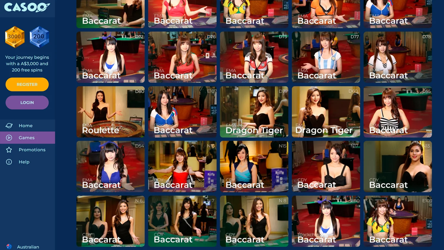 Image featuring the live casino section on Casoo's interface