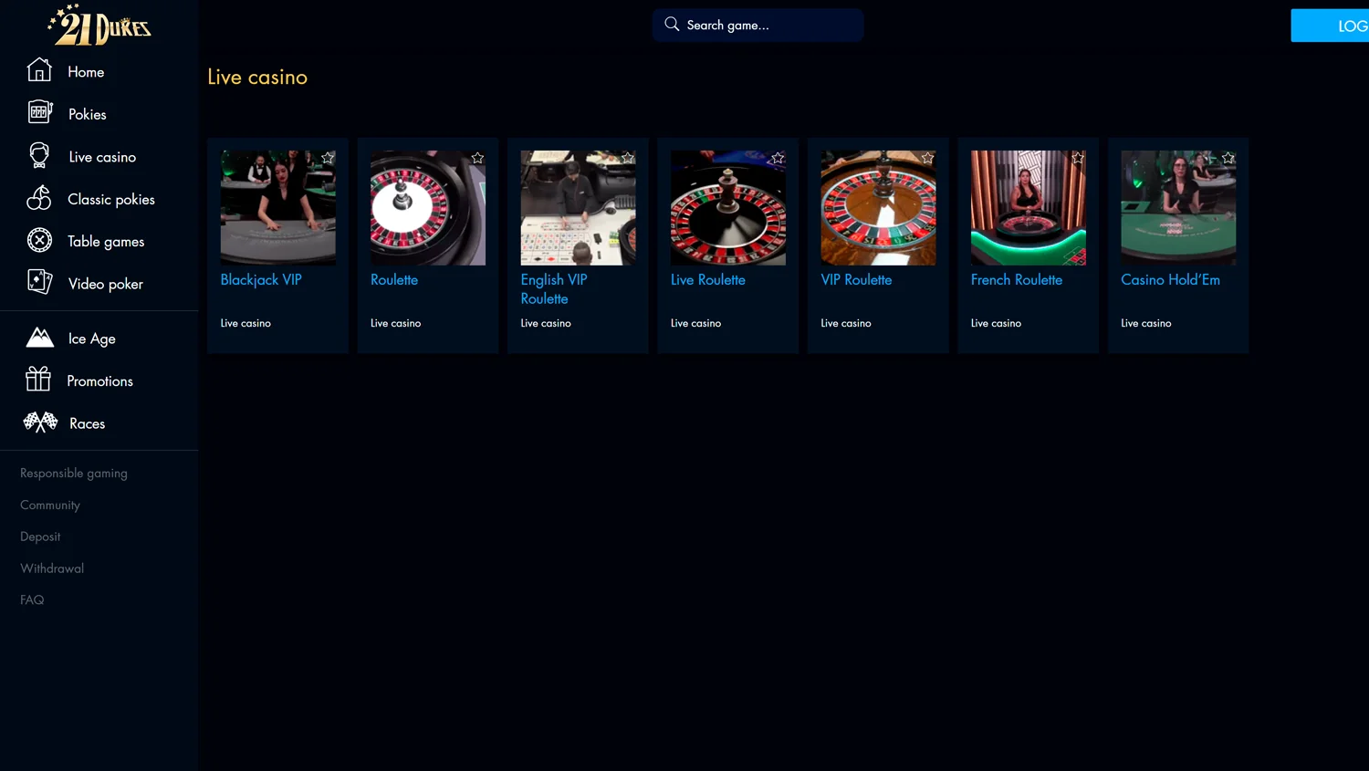21Dukes Casino's Live Casino Section