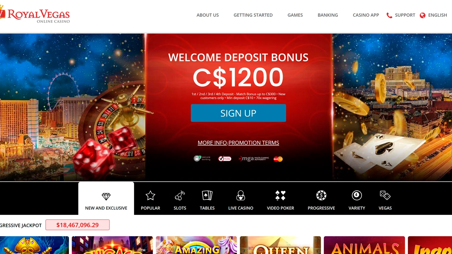 Visual showcase of Royal Vegas Casino's homepage