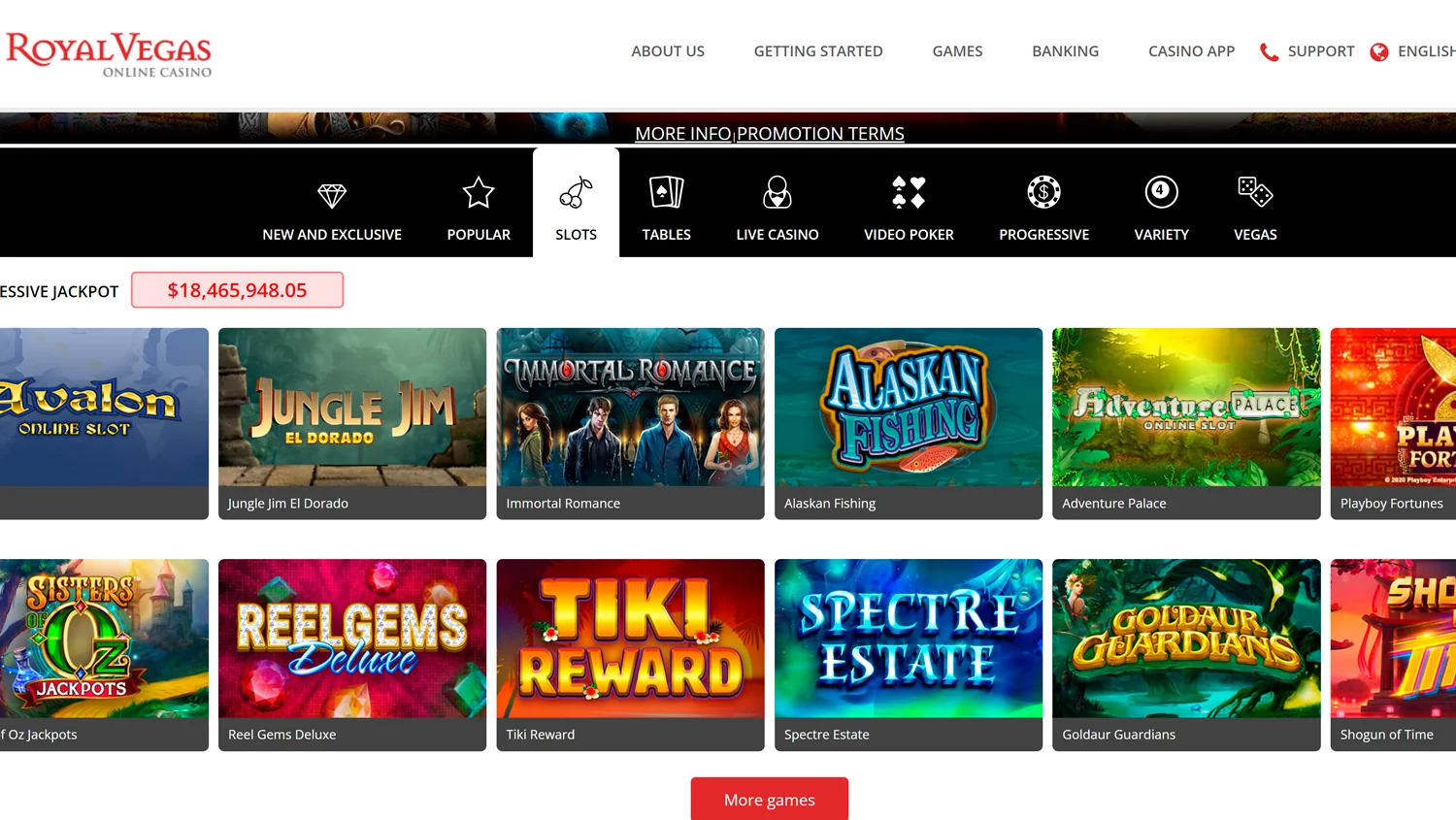 A glimpse into the Real Money Games section of Royal Vegas Casino
