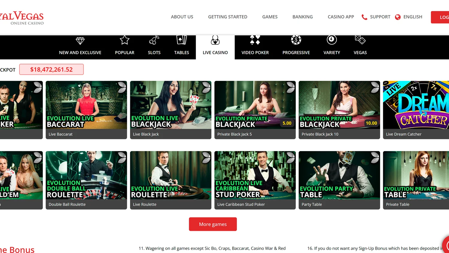 Take a tour of the Live Casino offerings at Royal Vegas Casino