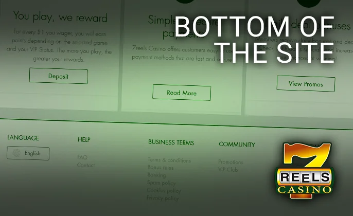 The Bottom Section of 7Reels Casino with Vital Links