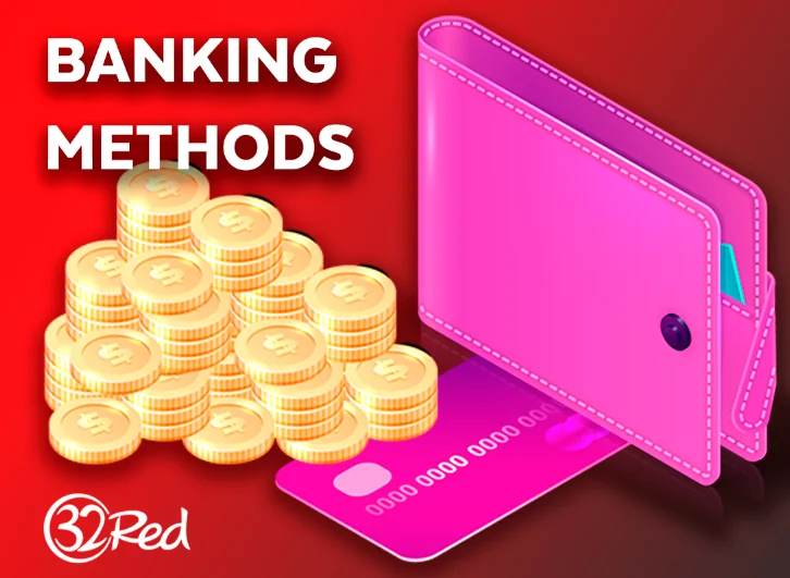 A wallet adorned with a payment card, coins, and the iconic 32Red logo.