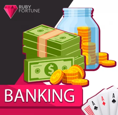 A money jar featuring the Ruby Fortune logo, filled with coins.