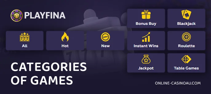 Categories of casino games you can explore at Playfina Casino's website.