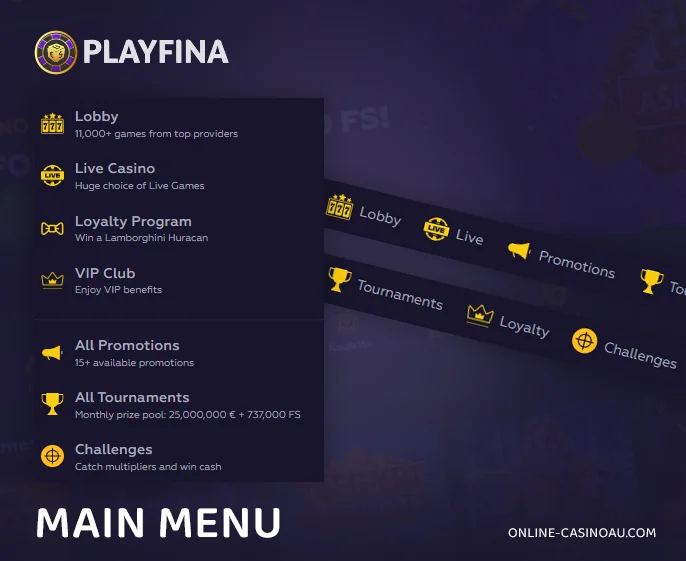 Main Navigation Menu on the Playfina Casino Site