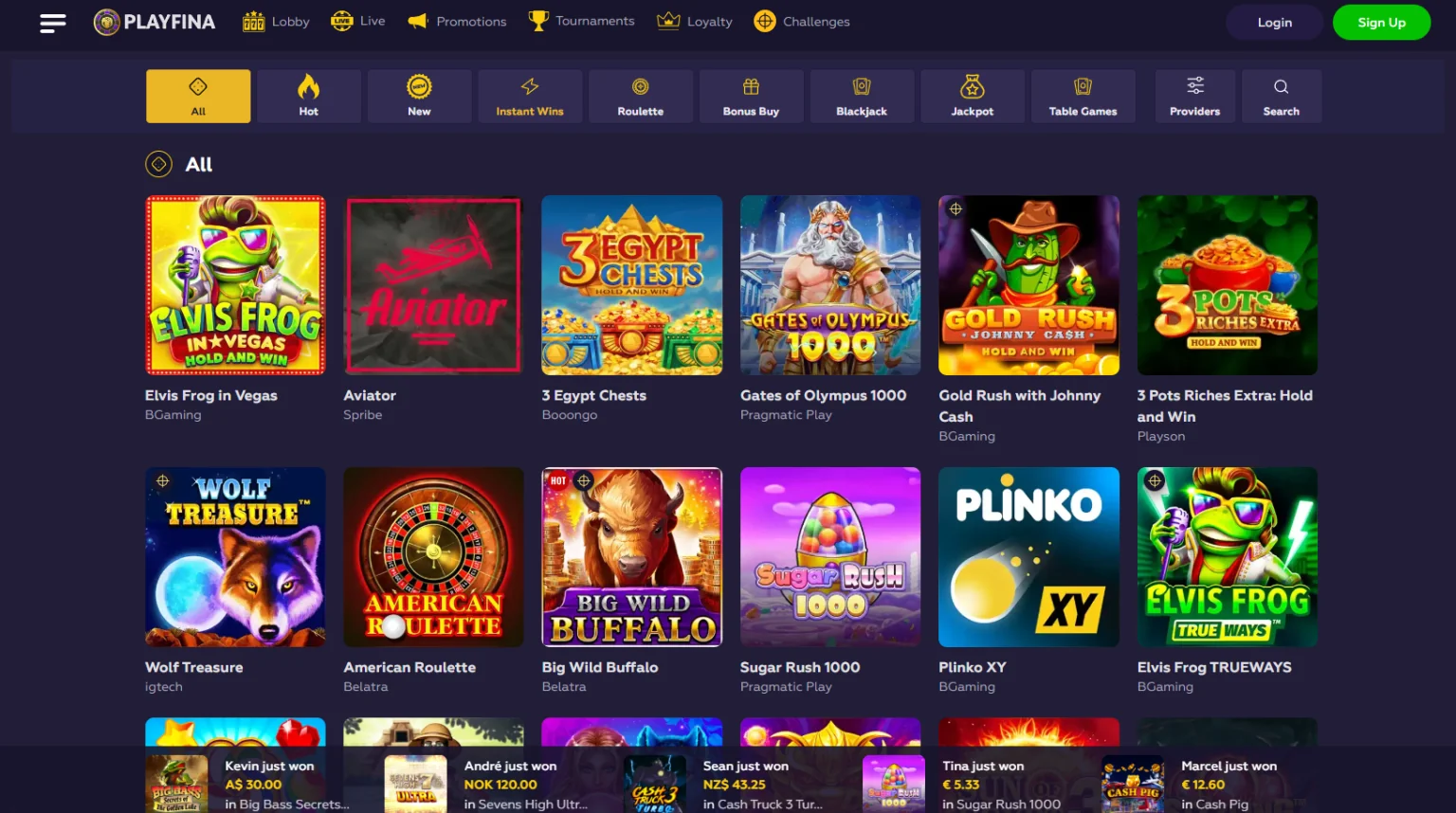 Screenshot of Playfina Casino Real Money Lobby