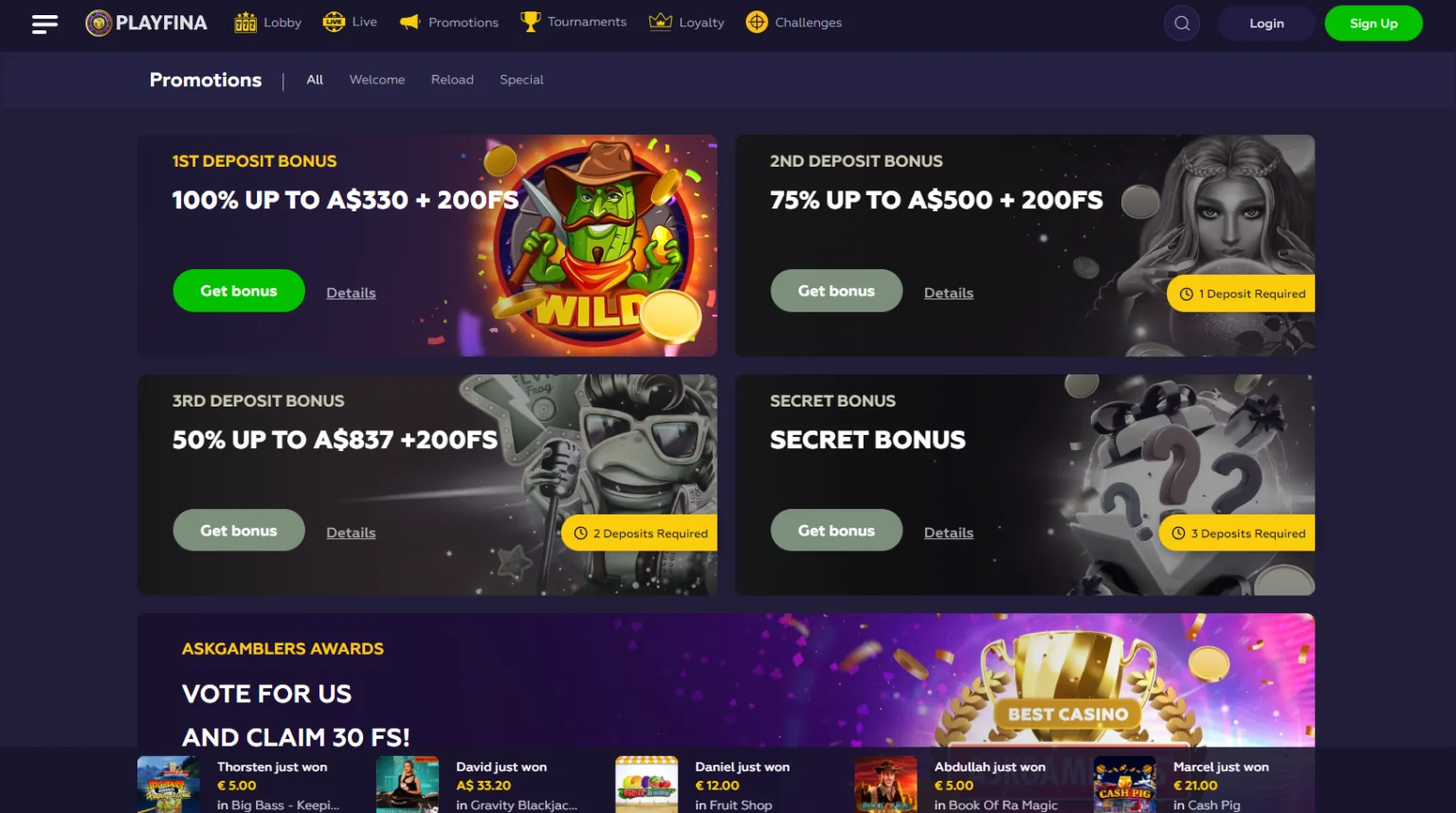 Screenshot Showcasing Playfina Casino's Bonus Offers