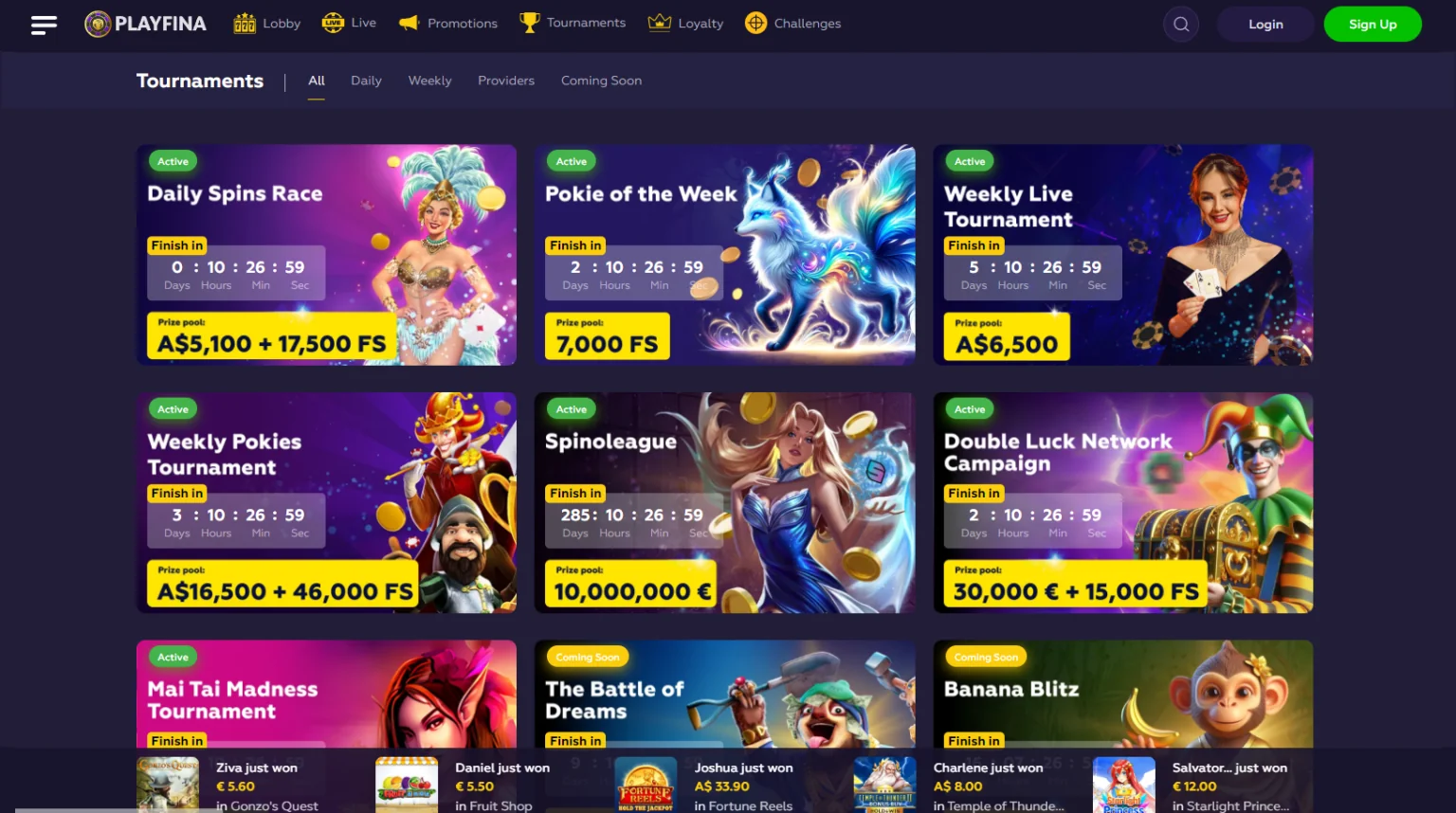 Screenshot of the Player Tournaments Section at Playfina Casino