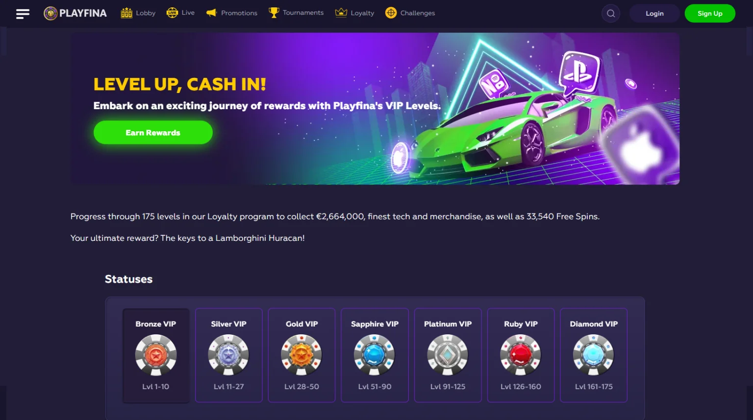 Screenshot of the Loyalty Program Area at Playfina Casino