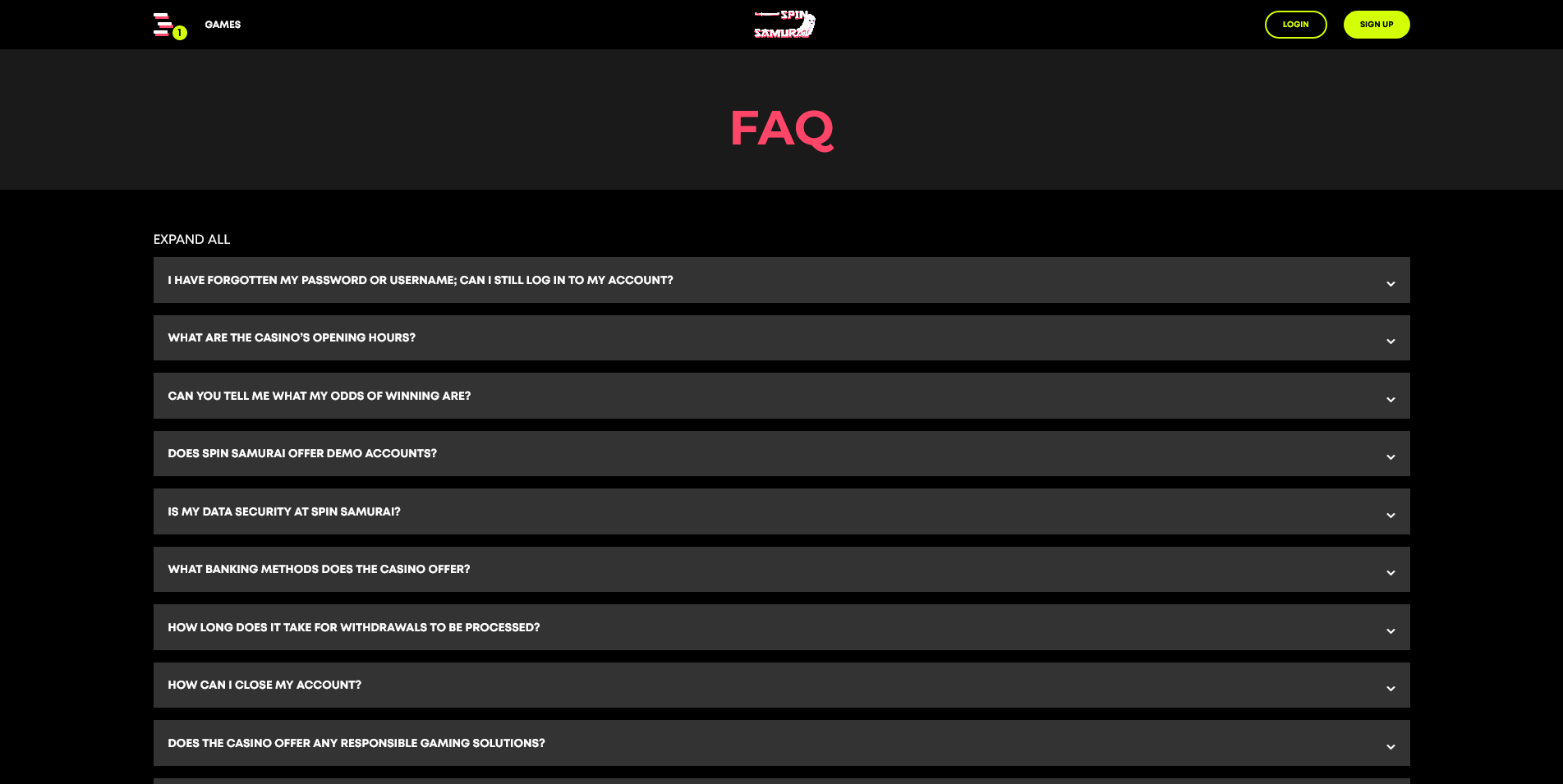 Frequently Asked Questions Page at Spin Samurai Casino