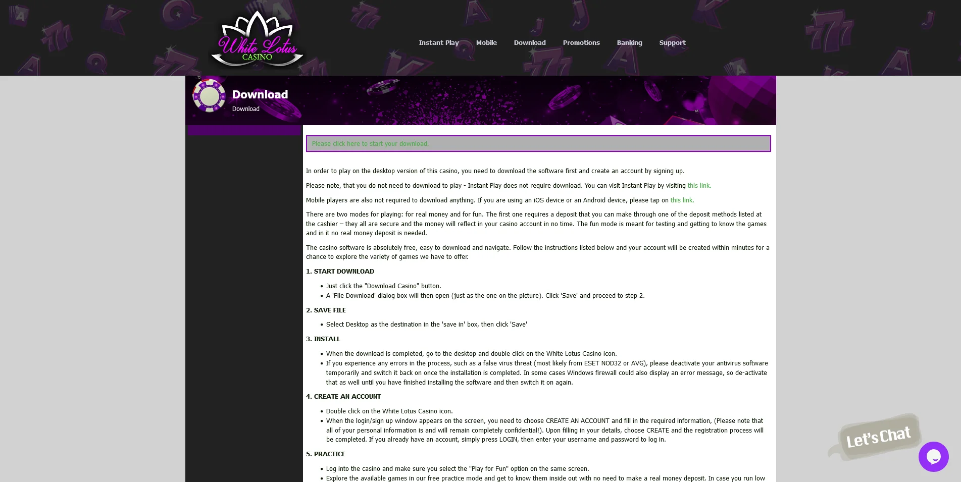 A Glimpse into the App Download Page of White Lotus Casino