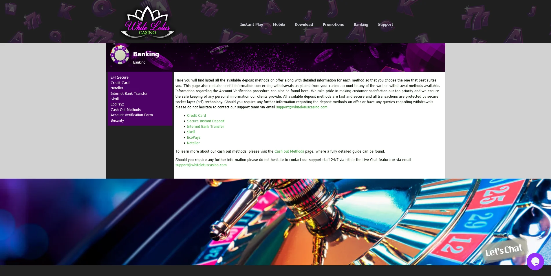 Peek at the Banking Information Page on White Lotus Casino’s Website