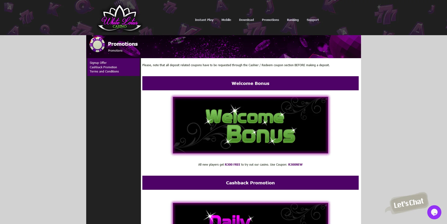 Visual Tour of the Promotions and Bonuses Page on White Lotus Casino