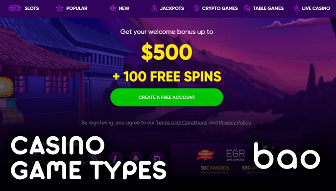 Bao Casino's gambling categories highlighted alongside intro offers