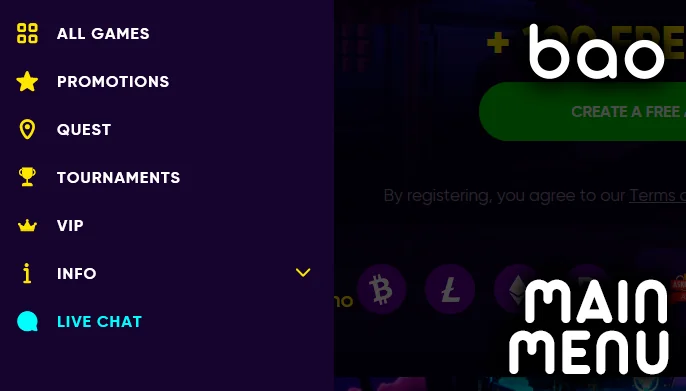 Key navigation and menu structure of the Bao Casino website