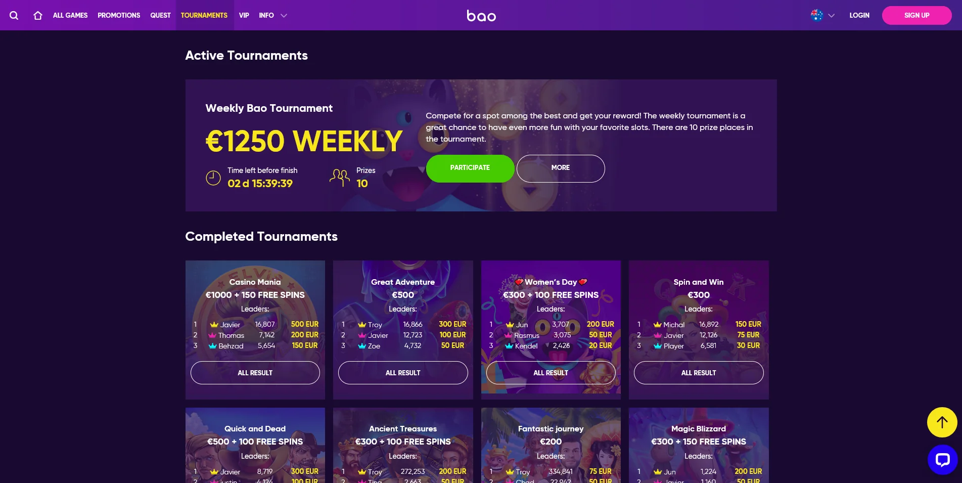Display of Bao Casino's tournament features