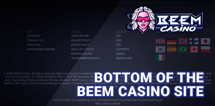 Footer details from Beem Casino's website containing crucial links