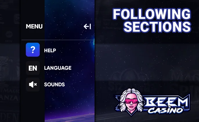 Side menu for Beem Casino with options for language changes and help