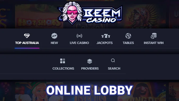 Game sections on Beem Casino’s website featuring distinct categories and search functions.