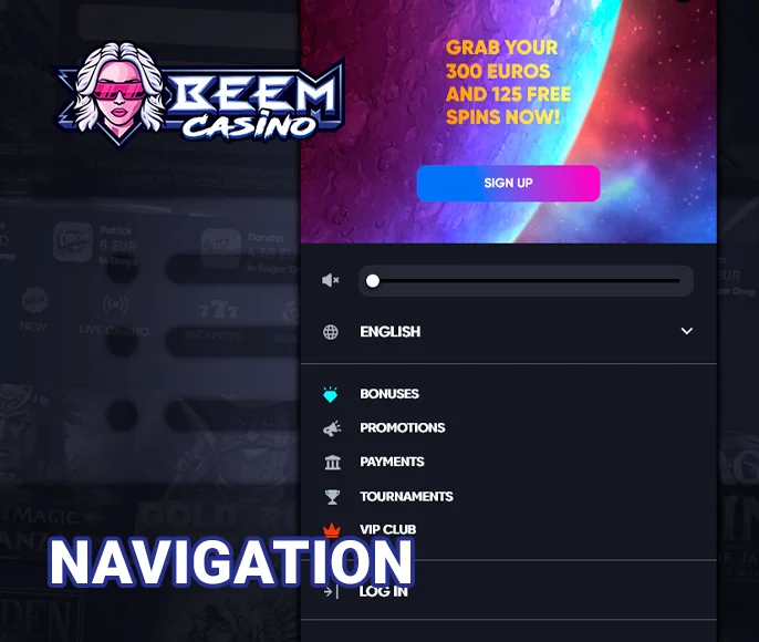 Navigation menu layout for Beem Casino's website project