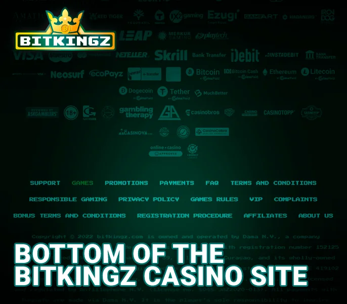 Explore essential links and software partner logos at the Bitkingz Casino footer