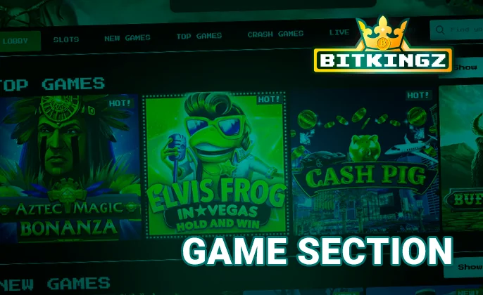 Explore various categories in Bitkingz Casino's Gaming Section